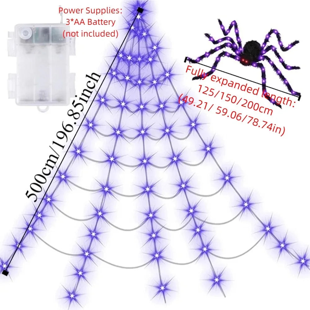 8 Modes Halloween Spider Web Lights Glow Waterproof Luminous Halloween Spider 5m Triangle Scary Giant Spider Bar