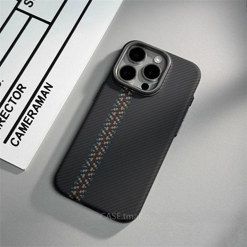 Relief Carbon Fiber Magnetic Case for iPhone 15 Pro Max 16 17 Pro Phone Cover Camera Metal Lens Protective Shell Hard PC Fundas