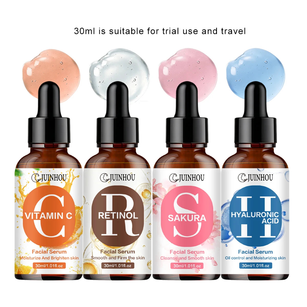 JUINHOU 4pcs Vitamin C + Retinol +Sakura + Hyaluronic Acid Serum Brightening & Hydration Combo Supple Skin For All Skin Type