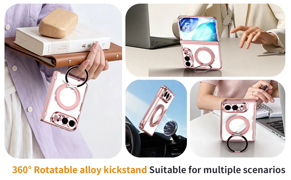 For iPhone Duo Transparent Magnetic Case For MagSafe 360° Rotating Bracket Hinge Protection Cover With Tempered Glass Film