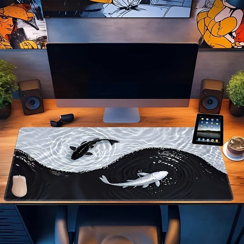 Tai Chi Koi Patterned Gaming Mouse Pad Non-Slip Rubber Base Precision Stitched Edges Waterproof Rectangular Desk Mat Office Game