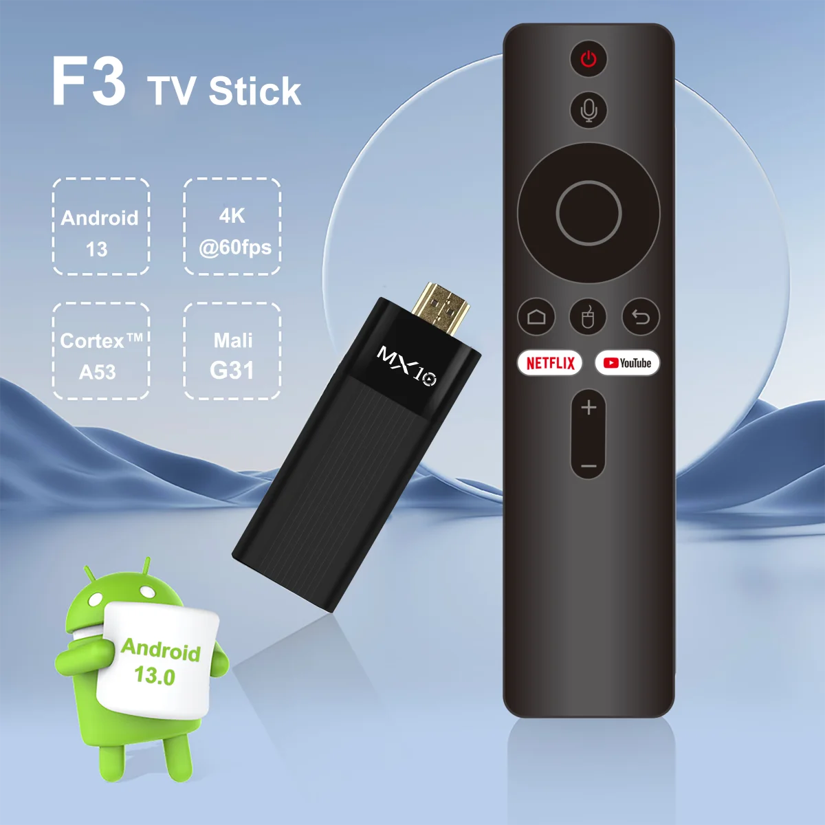 Ultra HD 4K Android TV Stick MX10-F3 Stick Mini Home TV Stick H313 Quad Core Support 2.4/5G Dual Wifi 2GB RAM 16GB ROM