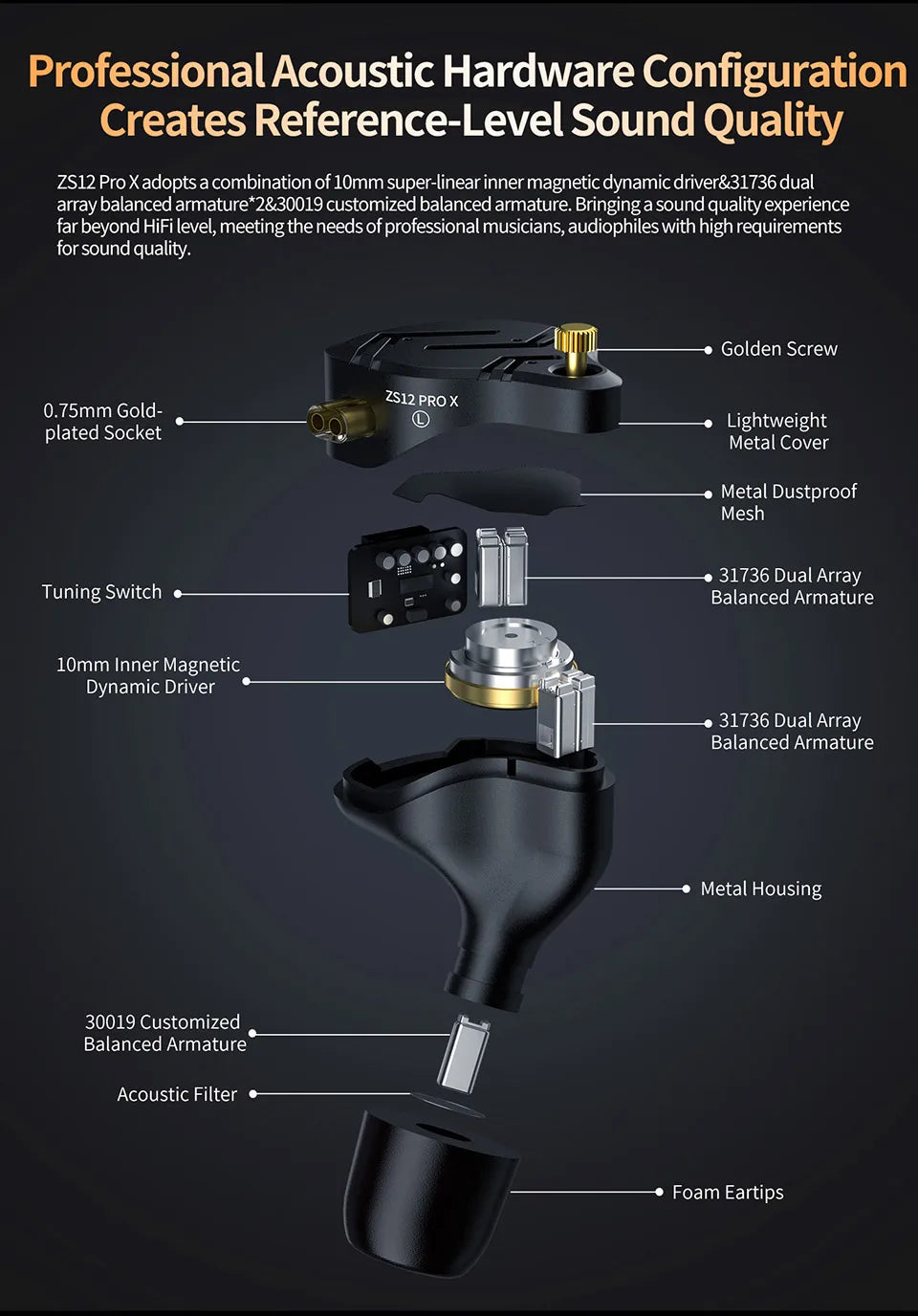 KZ ZS12 Pro X Metal Hybrid Earphones with Adjustable Bass Tuning