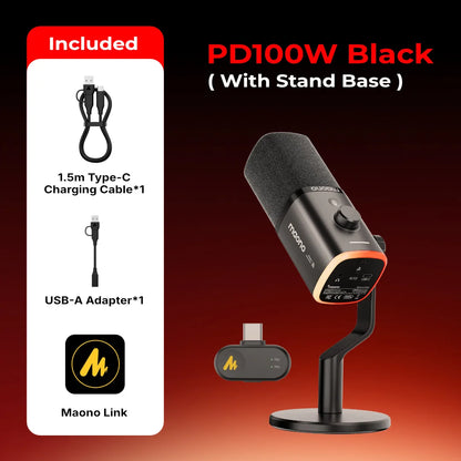 MAONO PD100W Wireless Dynamic Microphone Cardioid Dynamic Mic 50m Range One-Touch Noise Reduction RGB for Gaming Live Streaming