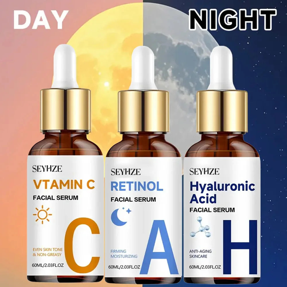 SEYHZE Day Night Vitamin C + Retinol + Hyaluronic Acid Essence Set with Collagen Aloe Vera Marshmallow 48hr Moisture Lock Skin B