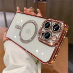New Fashion Glitter Diamond Transparent Case For iPhone 16 15 14 13 17 12 18 Pro Max Plus Magnetic Wireless Charge Bumper Cover