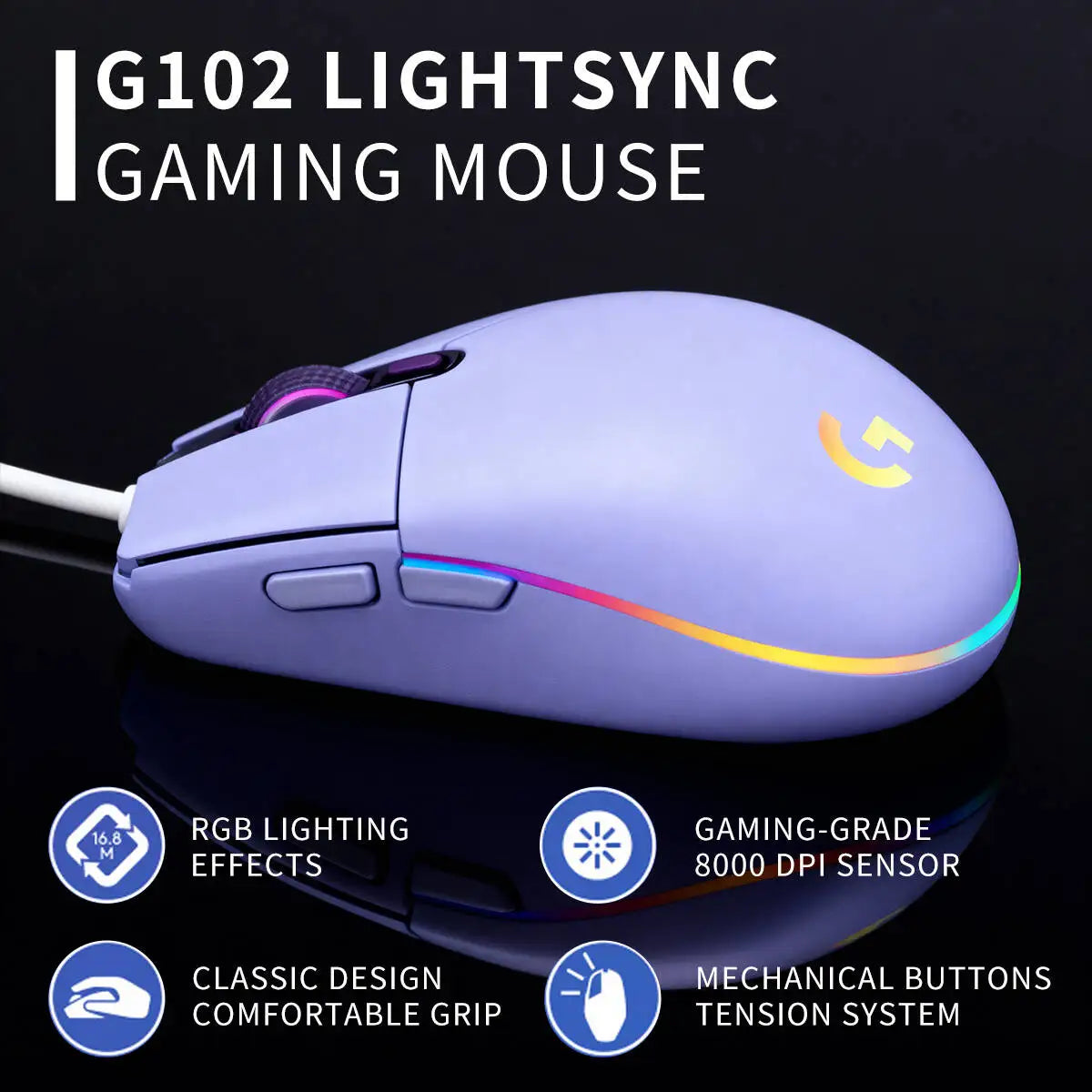 g102 Logitech G102/g203/g402 Logitech G102 Wired Gaming Mouse, Adjustable 200-8000 DPI, Comfort Grip, RGB Backlit for PC Laptops