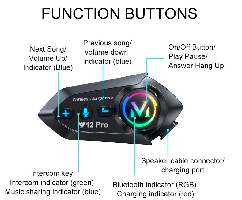 Y20 Pro Motorcycle Helmet Headset Bluetooth 500M Intercom FM Radio Hands-free Call Waterproof Mixing Music Sharing Interphone