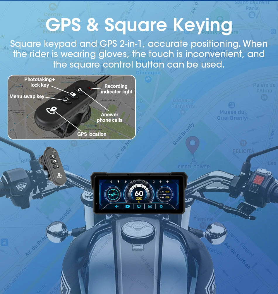 Jansite Portable 8.1 inch IP67 Waterproof Motorcycle 4K DVR GPS Navigation Wireless Carplay Android Auto Moto Recorder Monitor