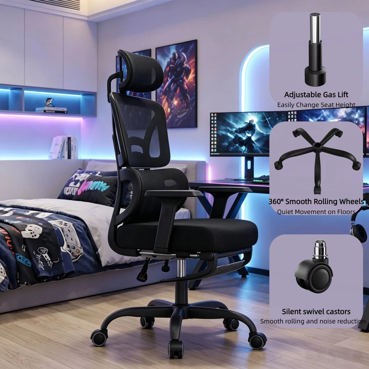 Ergonomic Office Chair High Back Mesh with 2D Adjustable Headrest Retractable Footrest 66° Rotating 2.6' Lifting Thick Sponge Seat Lumbar Support Quiet Swivel Casters for Home Office
