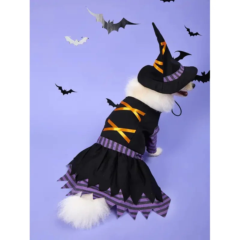 Halloween Pet Witch Costume with Hat Dog Cat Witch Dress Puppy Kitten Cosplay Outfit Holiday Party Fancy Dress