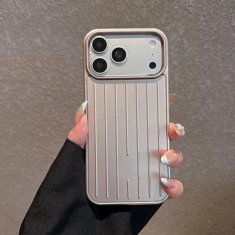 Luxury Striped Luggage Texture Phone Case For IPhone 18 17 16 15 14 13 Pro Max Shockproof Titanium Glossy Color Bussiness Cover