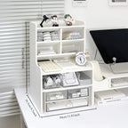 1PC 2-Tier Desk Organizer & Drawer Storage|With Tilt Pen Holder, Raised Bookshelf |Matte White PVC For Stationery, Cosmetics, O
