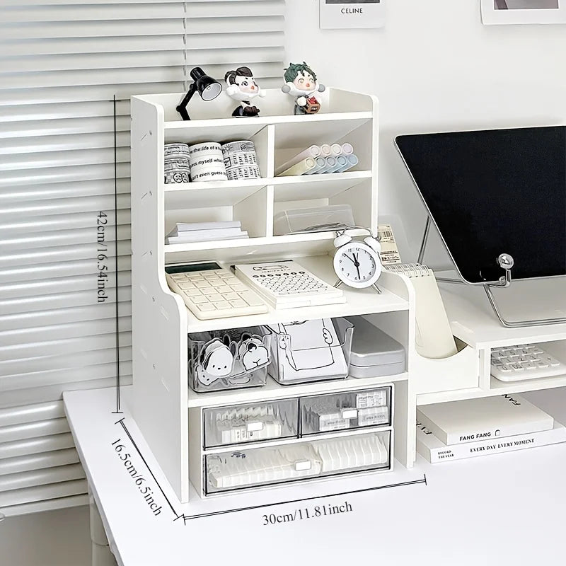 1PC 2-Tier Desk Organizer & Drawer Storage|With Tilt Pen Holder, Raised Bookshelf |Matte White PVC For Stationery, Cosmetics, O