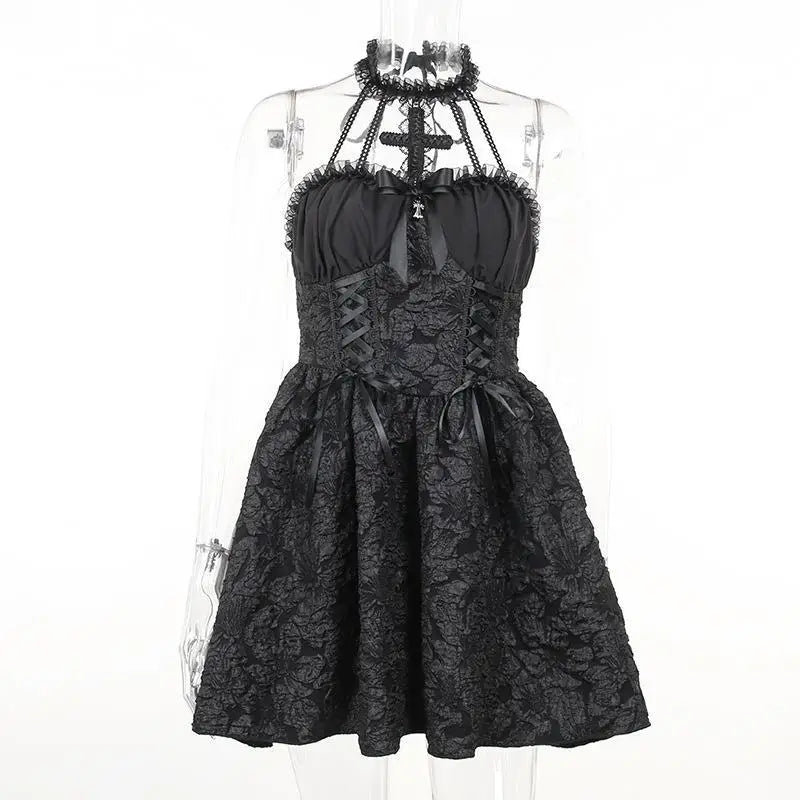 Mall Gothic Emo Jacquard A-line Dresses Goth dress Elegant Grunge Ruched Bandage Partywear Punk Black Women Halloween Club Dress