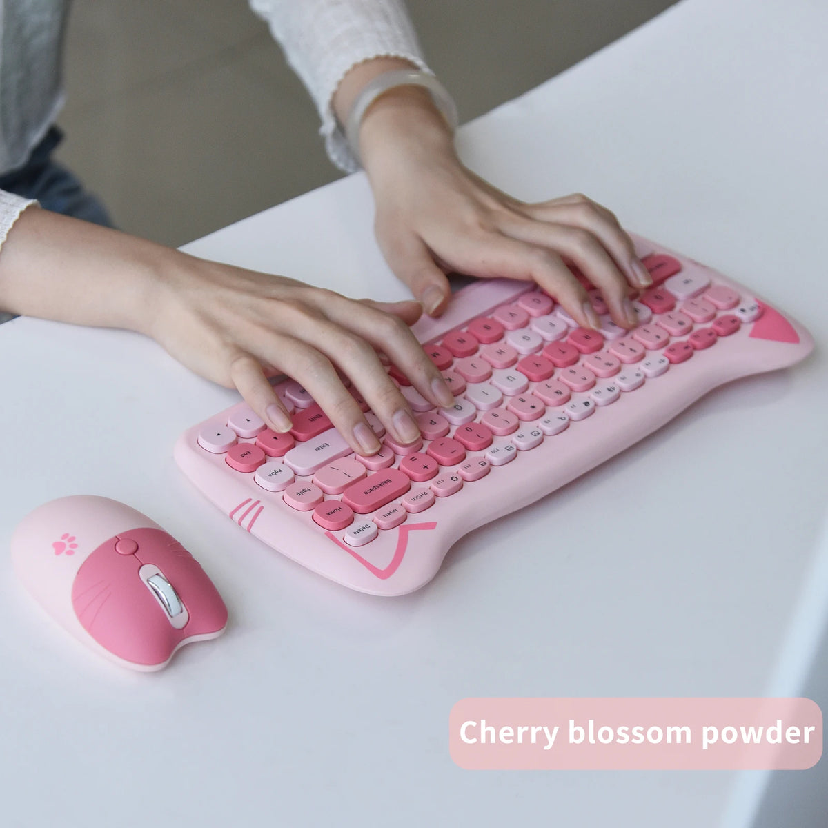 GEEZER Wireless Silent Keyboard Mouse Combo, Pink-Black Cat Ear Retro Round Keycaps US QWERTY Layout