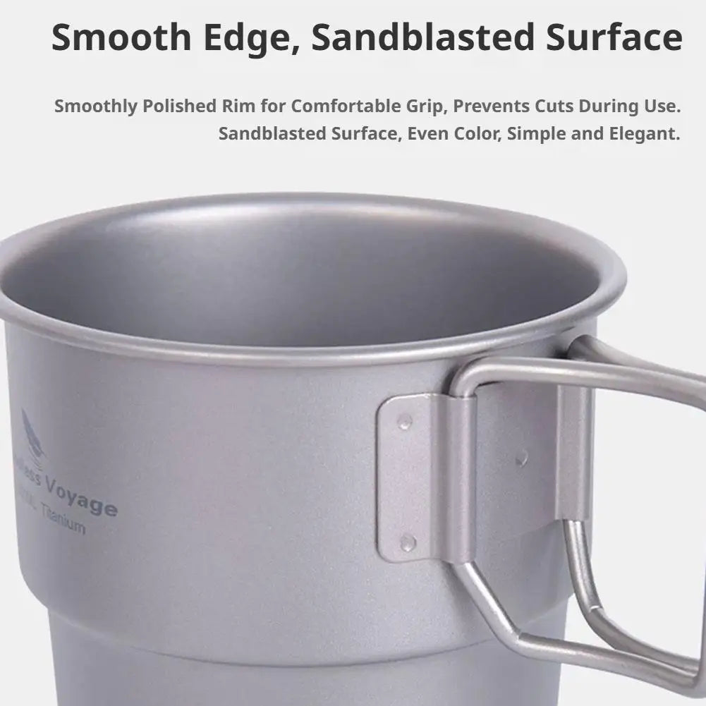 Pure Titanium Camping Cup with Lid Foldable Handle Lightweight Single Wall Mug Open Fire Coffee Tea Cup for Hiking Backpacking