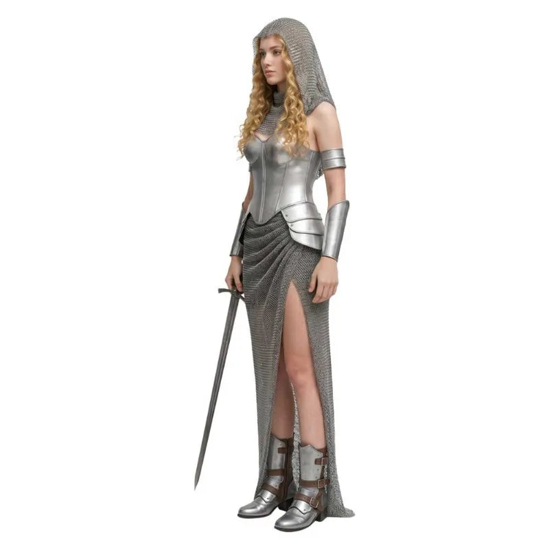 Women Medieval Knight Warrior Costume Skirt Top Headband Bracelet Halloween Renaissance Princess Cosplay