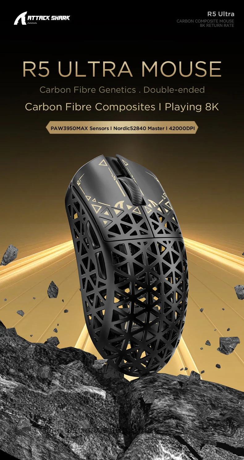 ATTACK SHARK R5 Ultra Carbon Fiber Wireless Gaming Mouse ,39g SUPERLIGHT , 8K Polling Rate, PAW3950MAX Sensor (42000 DPI),