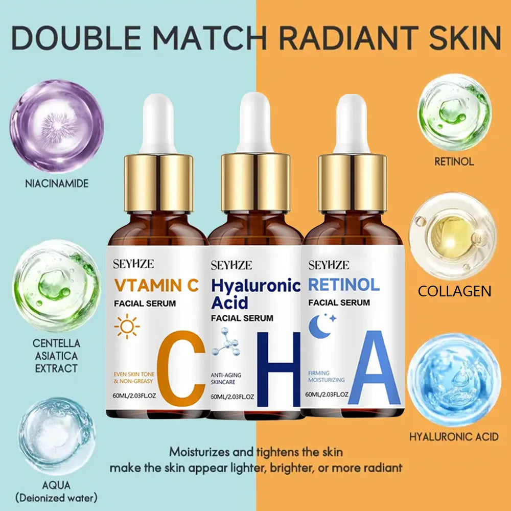 SEYHZE Day Night Vitamin C + Retinol + Hyaluronic Acid Essence Set with Collagen Aloe Vera Marshmallow 48hr Moisture Lock Skin B