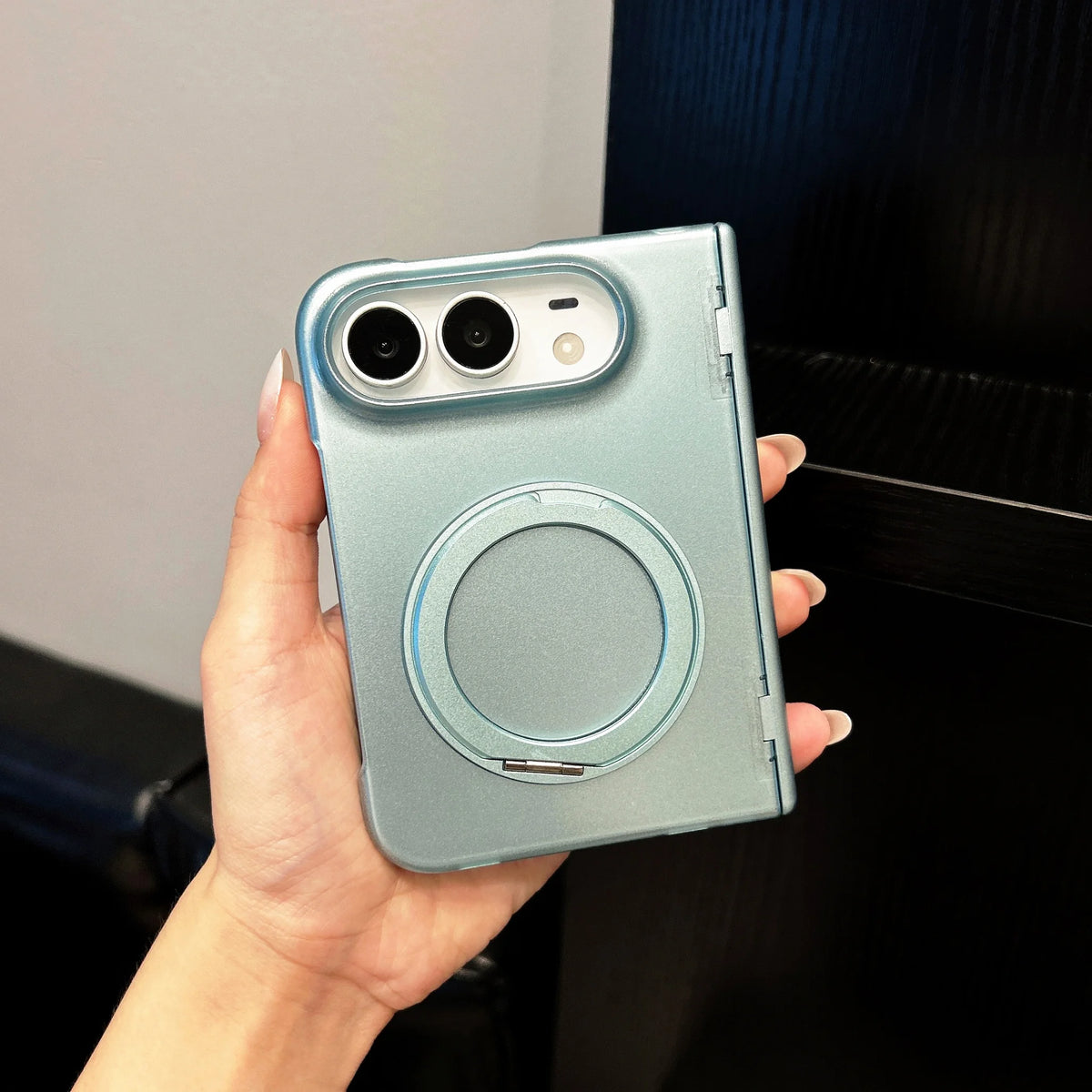 For iPhone 18 DUO Magnetic 360 Bracket Case for iPhone DUO 18 Fold Metallic Paint Spring Axis Protection Wireless Charging Cover