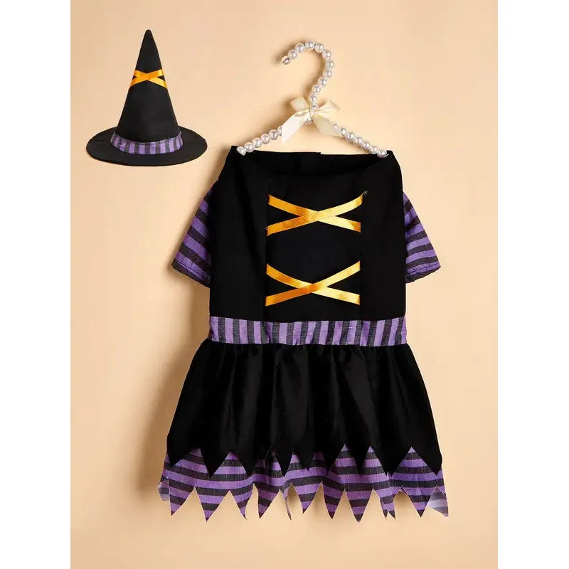 Halloween Pet Witch Costume with Hat Dog Cat Witch Dress Puppy Kitten Cosplay Outfit Holiday Party Fancy Dress