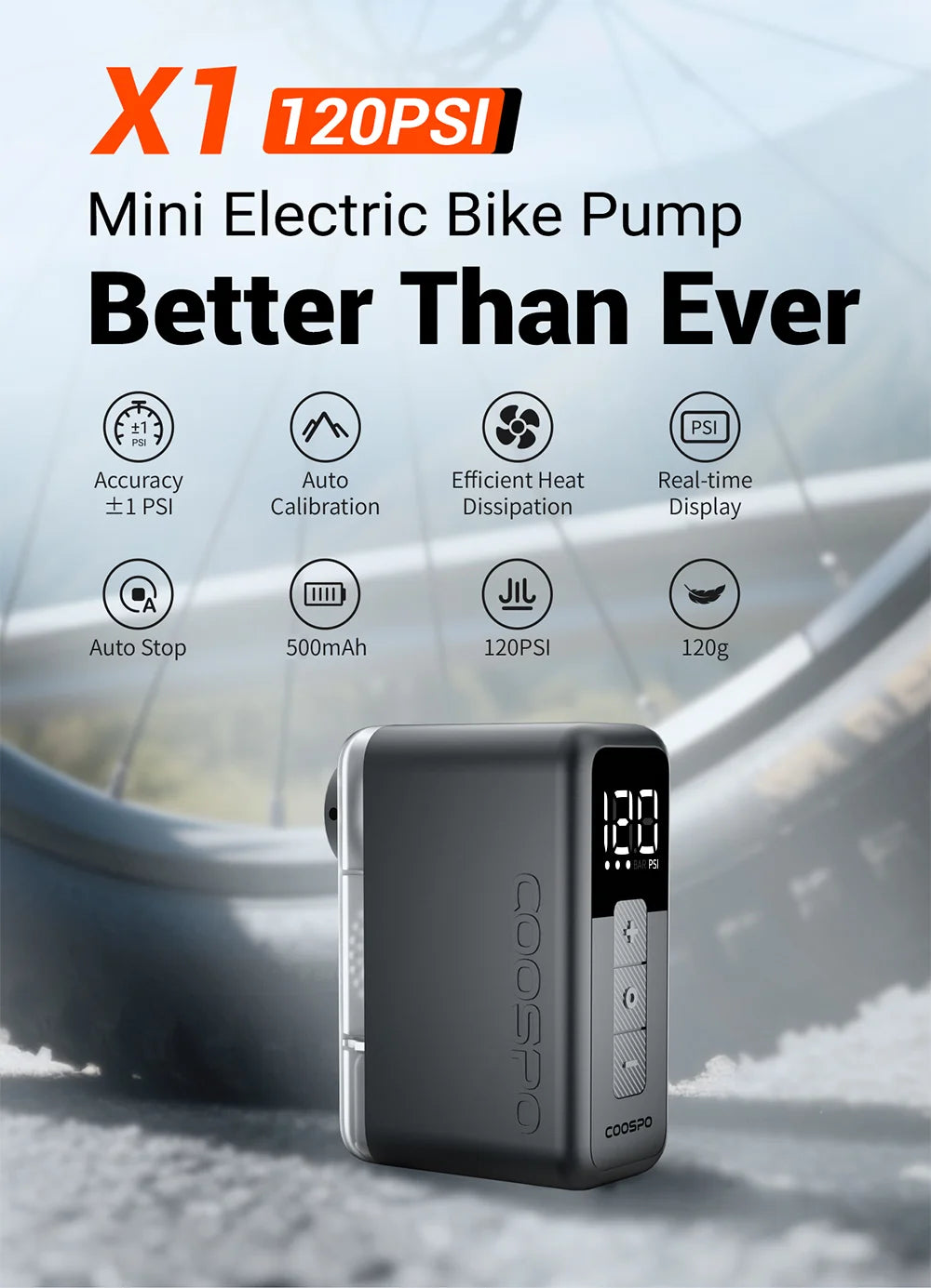 COOSPO X1 Mini Electric Bike Pump 120PSI 500mAh Portable Rechargeable MTB Bike Air Digital Inflator Schrader Presta Tire Valve