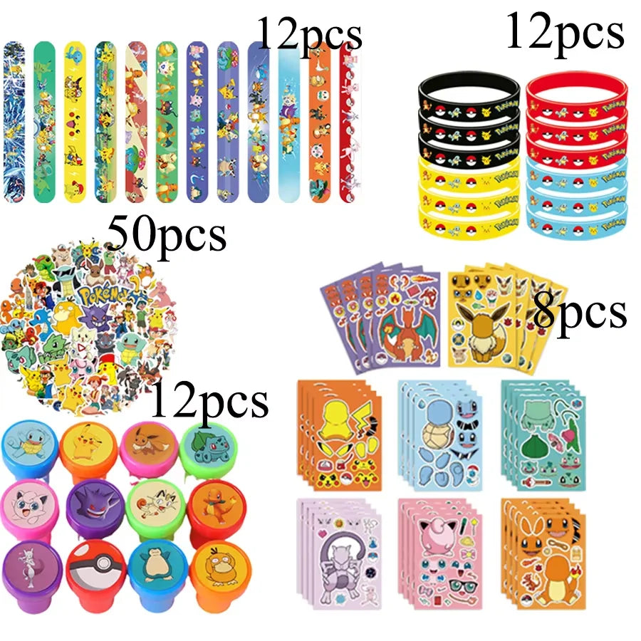 PokeMoned Theme Party Favors Slap Bracelets Stickers Keychain Party Gifts Goodie Bag Stuffers Fillers Birthday Party Decorations