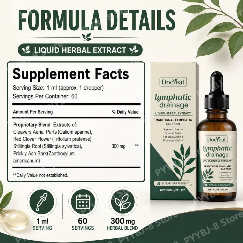 Lymphatic Drainage Drops 60ml Supplement Help Bloat Relief & Immune System Health with Cleavers,Red Clover and Stillingia Root
