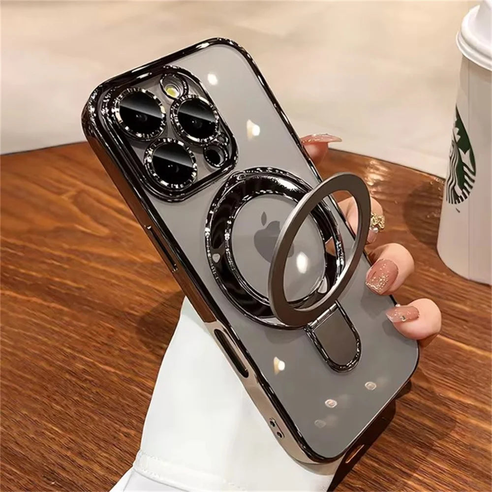 Luxury For Magsafe Bracket Case For iPhone 16 17 18 15 14 13 12 Pro Max 16 Plus Magnetic Ring Stand Holder Clear Acrylic Cover