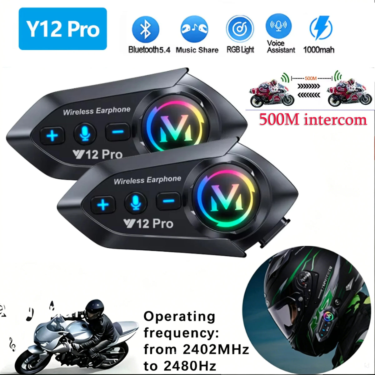 Y20 Pro Motorcycle Helmet Headset Bluetooth 500M Intercom FM Radio Hands-free Call Waterproof Mixing Music Sharing Interphone