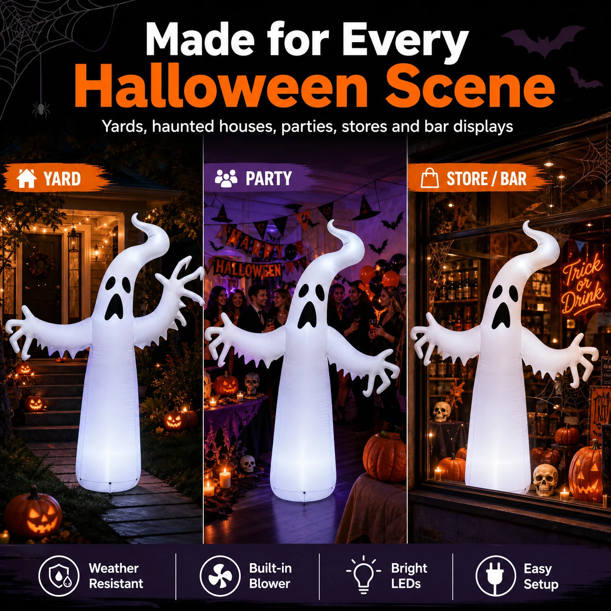 Large Inflatable Halloween Ghost Decor, Standing Ghost Yard Decoration, PVC Outdoor Lawn Garden Halloween Party Display Prop