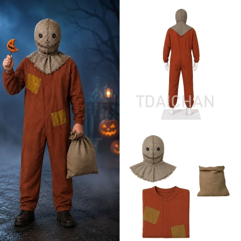 Halloween Scarecrow Sam Cosplay Costume 3‑Pcs Jumpsuit Mask Sack Trick or Treat Horror Role‑Play Outfit for Party Sam in Stock