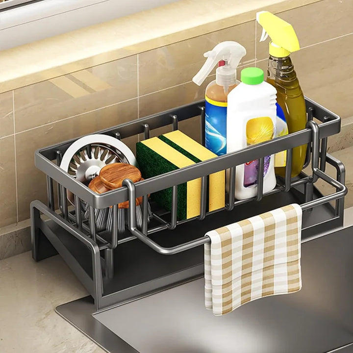 Kitchen Sink Organizer Carbon Steel with Tilted Water Tray Storage Rack for Sponge Brush 23×9×10cm