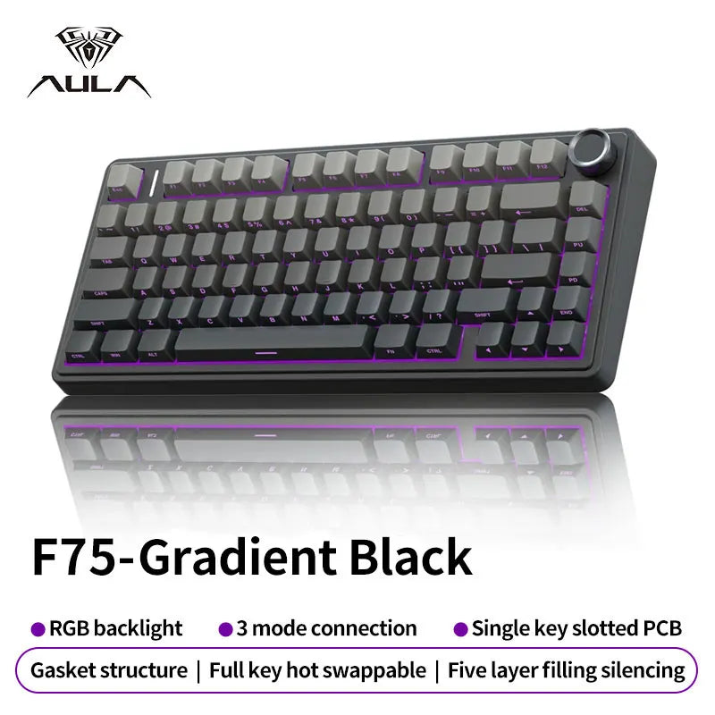 AULA F75 Gaming Mechanical Keyboard RGB Customized 75% Layout Side-engraving Gasket Mounted 80keys PBT Gradient Keycaps Keyboard