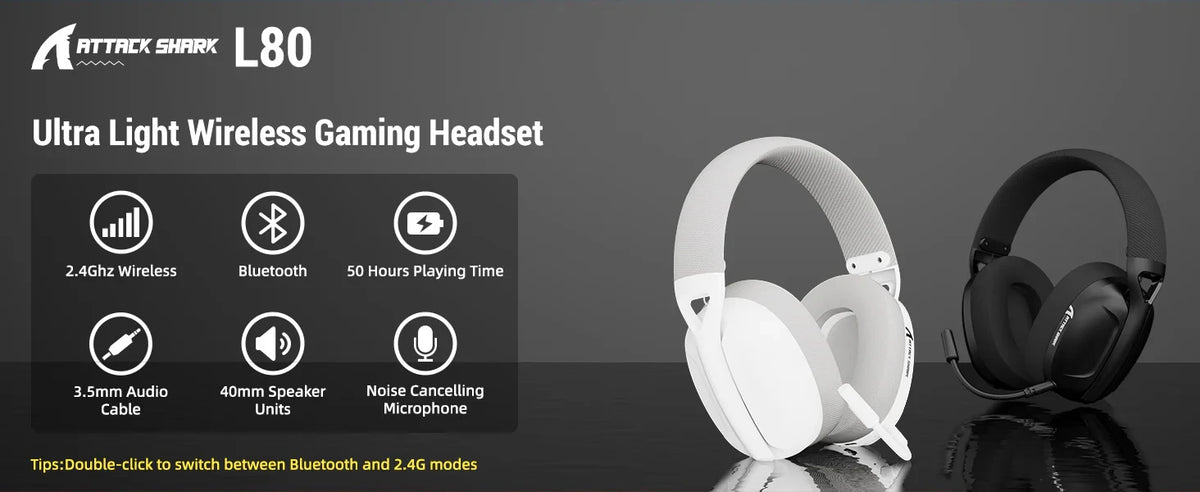 ATTACK SHARK L80 Ultra-Light Tri-Mode Gaming Headset Lightweight Wireless Gaming Headset for PC/PS4/PS5/Switch/Xbox