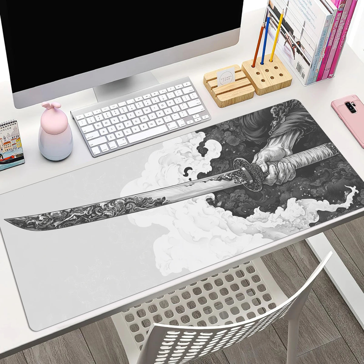 Black And White Comic Wind Sword Model Keyboard Mouse Pad Desk Mat Gaming Mouse Pad Non Slip Rubber Base Stitched Edges