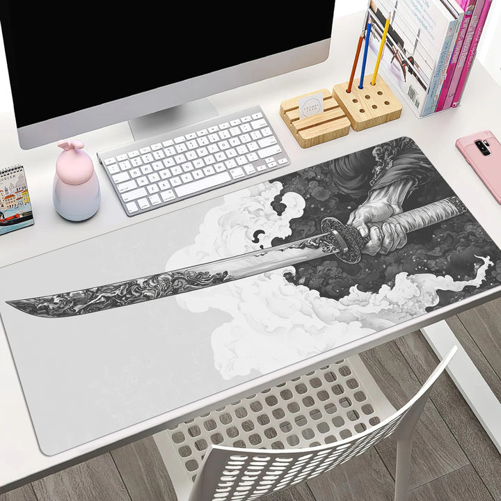 Black And White Comic Wind Sword Model Keyboard Mouse Pad Desk Mat Gaming Mouse Pad Non Slip Rubber Base Stitched Edges