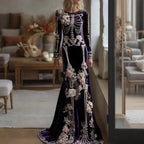 New Halloween White Bone Skeleton Long Sleeved Dress Dark Rose Printing Flower Slimming Holiday Party Dress 2026