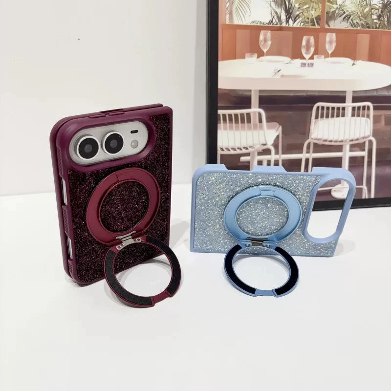 For iPhone Duo New Luxury Shell Flash Diamond 360° Rotating stand Phone Case For Magsafe Magnetic Wireless Charging Girl Cover
