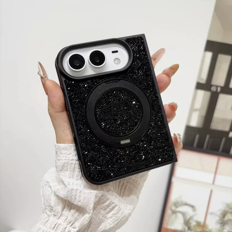 For iPhone Duo New Luxury Shell Flash Diamond 360° Rotating stand Phone Case For Magsafe Magnetic Wireless Charging Girl Cover