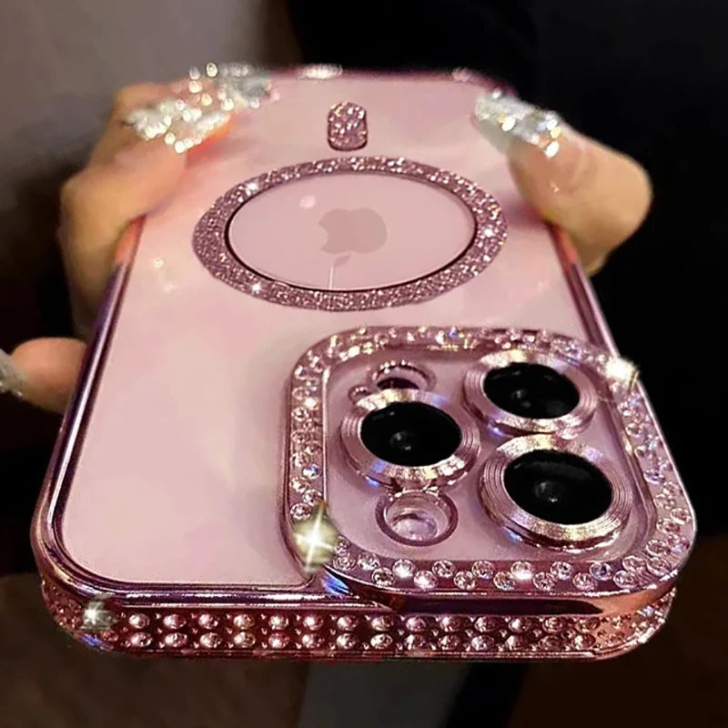 New Fashion Glitter Diamond Transparent Case For iPhone 16 15 14 13 17 12 18 Pro Max Plus Magnetic Wireless Charge Bumper Cover