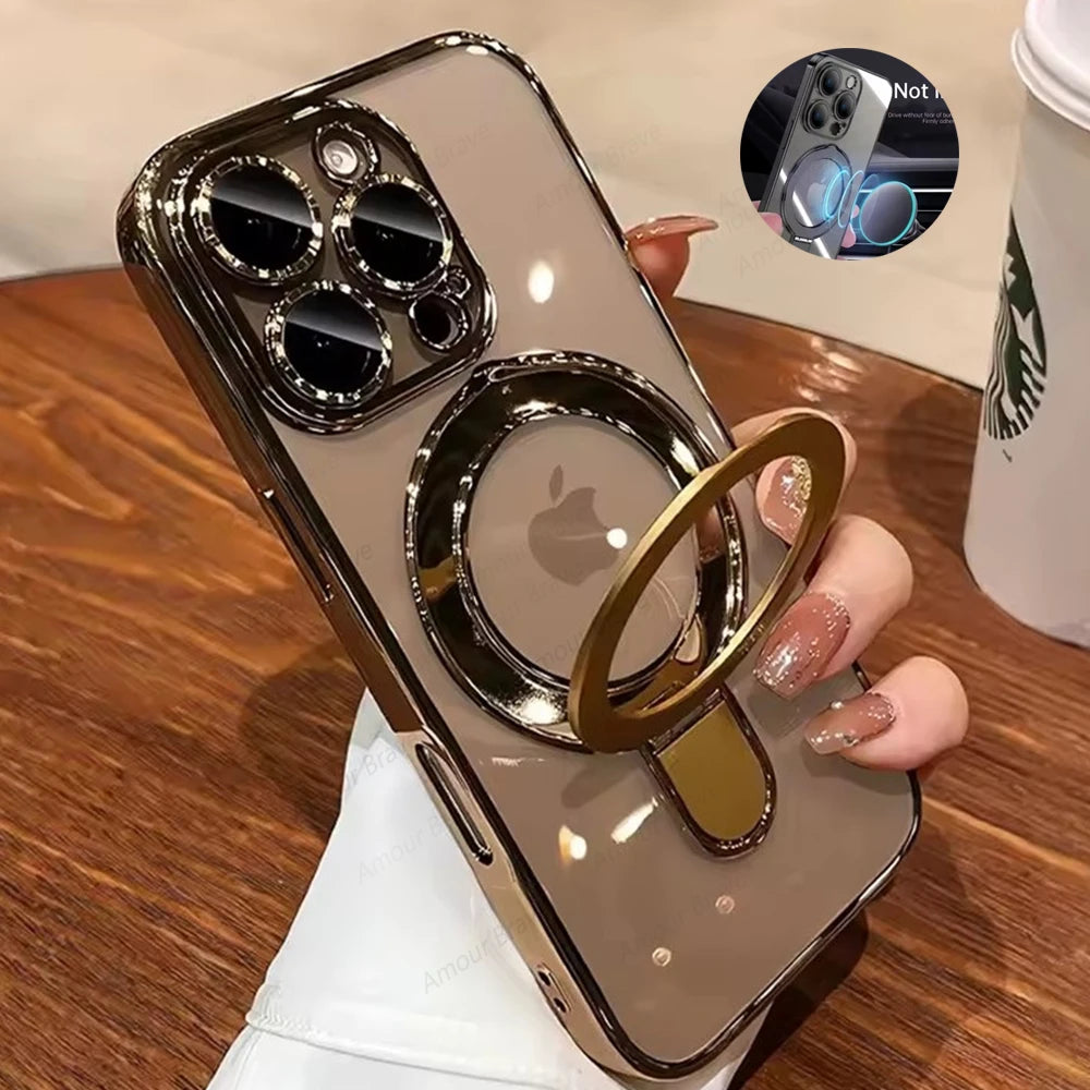 Luxury For Magsafe Bracket Case For iPhone 16 17 18 15 14 13 12 Pro Max 16 Plus Magnetic Ring Stand Holder Clear Acrylic Cover