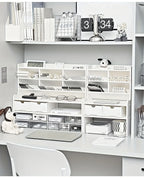 1PC 2-Tier Desk Organizer & Drawer Storage|With Tilt Pen Holder, Raised Bookshelf |Matte White PVC For Stationery, Cosmetics, O