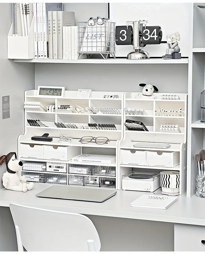 1PC 2-Tier Desk Organizer & Drawer Storage|With Tilt Pen Holder, Raised Bookshelf |Matte White PVC For Stationery, Cosmetics, O