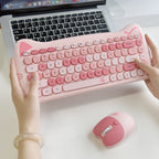GEEZER Wireless Silent Keyboard Mouse Combo, Pink-Black Cat Ear Retro Round Keycaps US QWERTY Layout