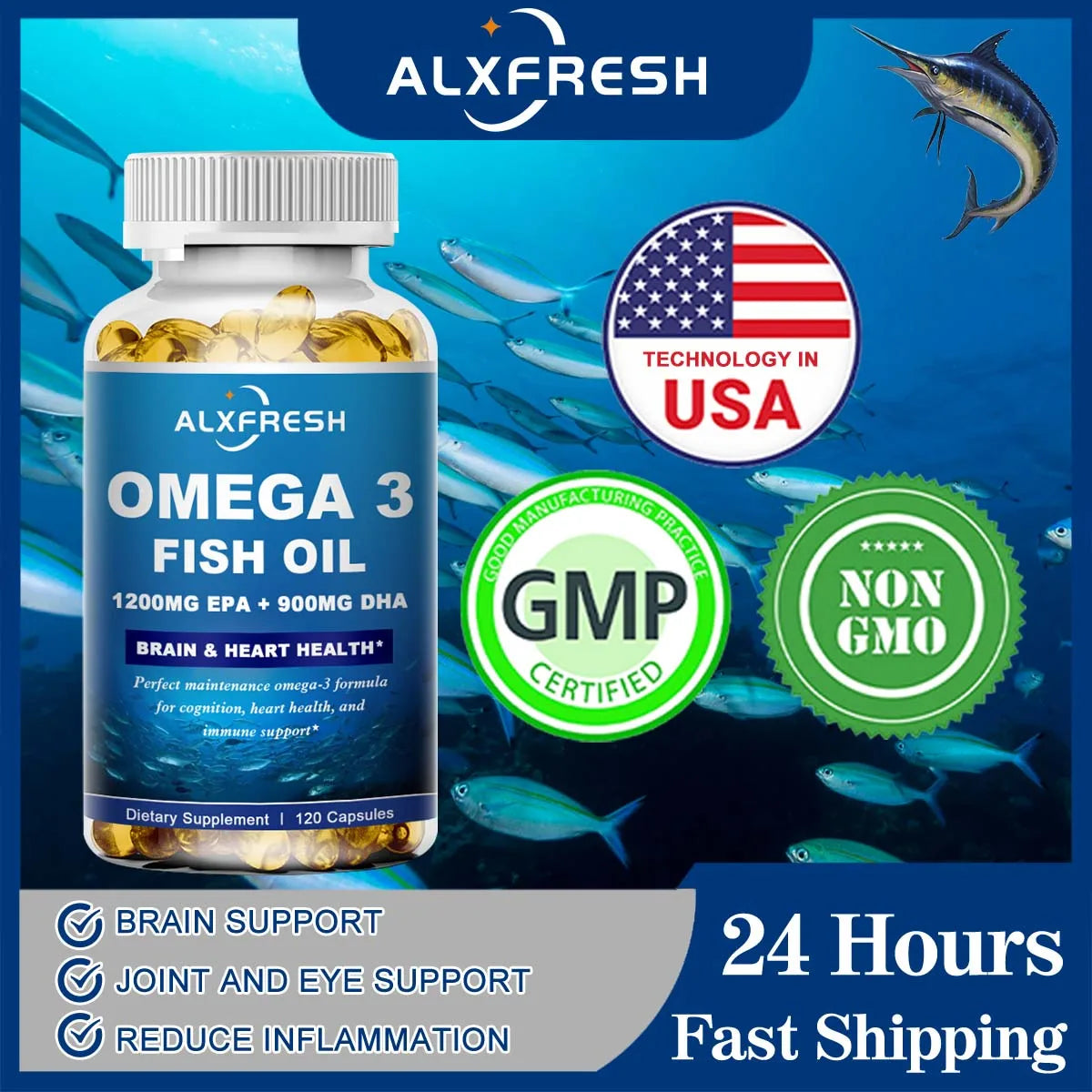 Alxfresh Wild Caught Omega 3 Fish Oil– 120/60 Soft Gels –3600mg High EPA 1300mg DHA 900mg Non-GMO Gluten Free Dietery Supplement