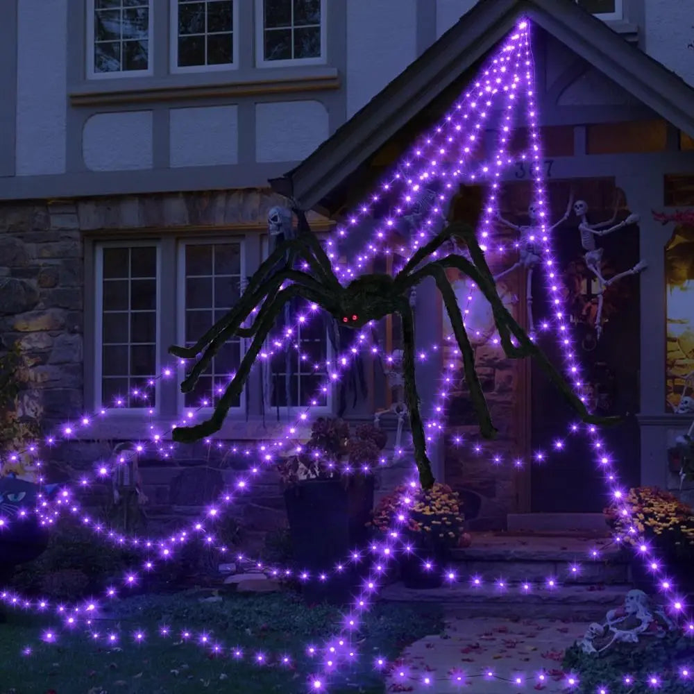 8 Modes Halloween Spider Web Lights Glow Waterproof Luminous Halloween Spider 5m Triangle Scary Giant Spider Bar