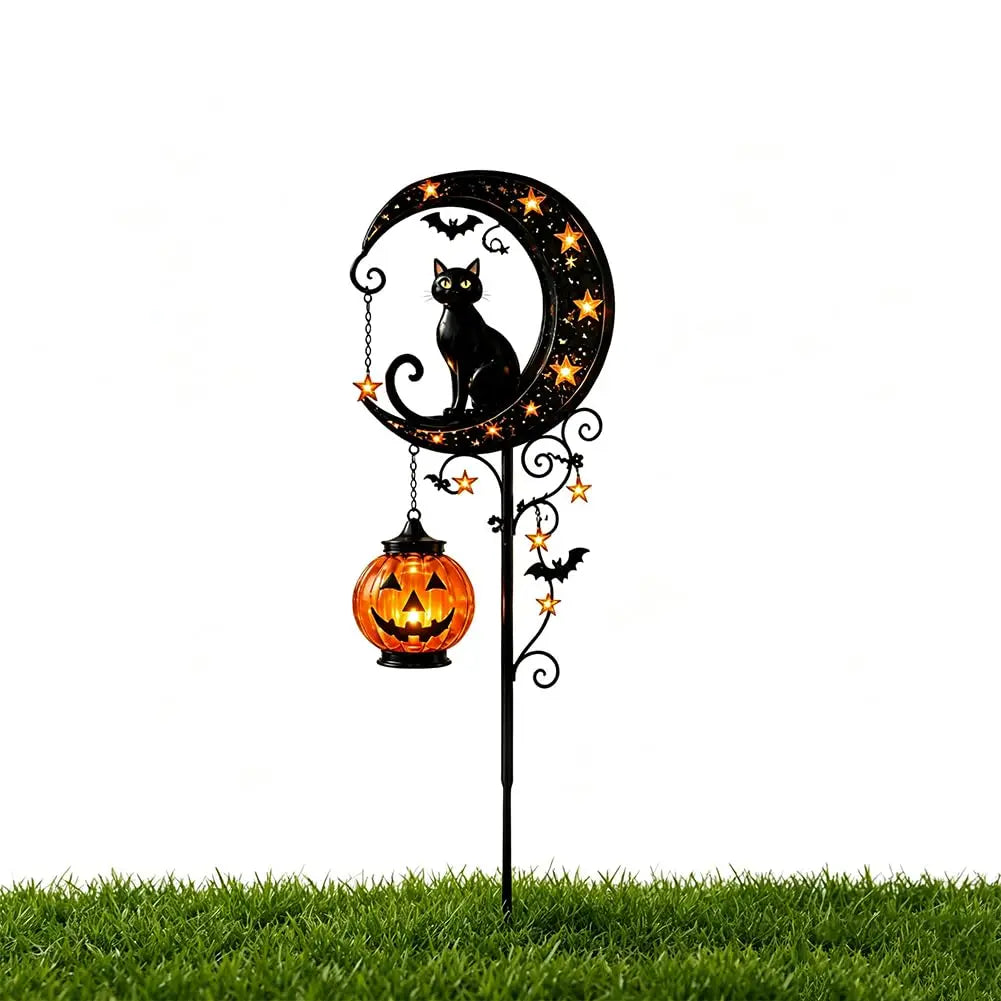 Solar Halloween Black Cat & Pumpkin Moon Garden Stake Light, Solar Garden Decoration, Outdoor Waterproof Metal Pumpkin Stake