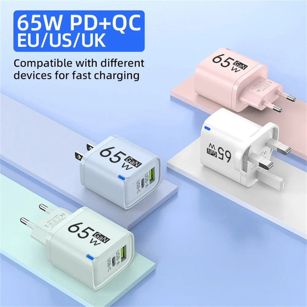 65W 2 In 1 USB Type C Fast Charging Charger PD High Speed Charge For iPhone Xiaomi Huawei Samsung Oneplus Mobile Phone Adapter